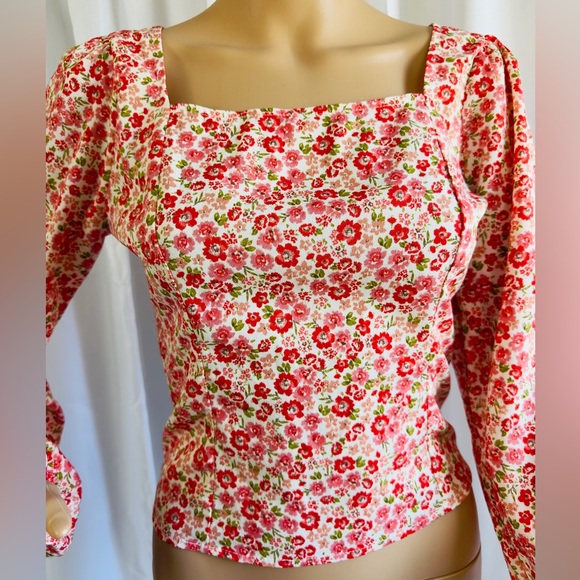 Anthropologie Lush Floral Square Neck Long Sleeve Blouse Cutout Shirred … - Picture 4 of 13